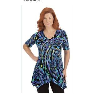 VTG Blue Tunic Top Print Asymmetrical Short Sleeve V-neck XXL Liquid Knit
